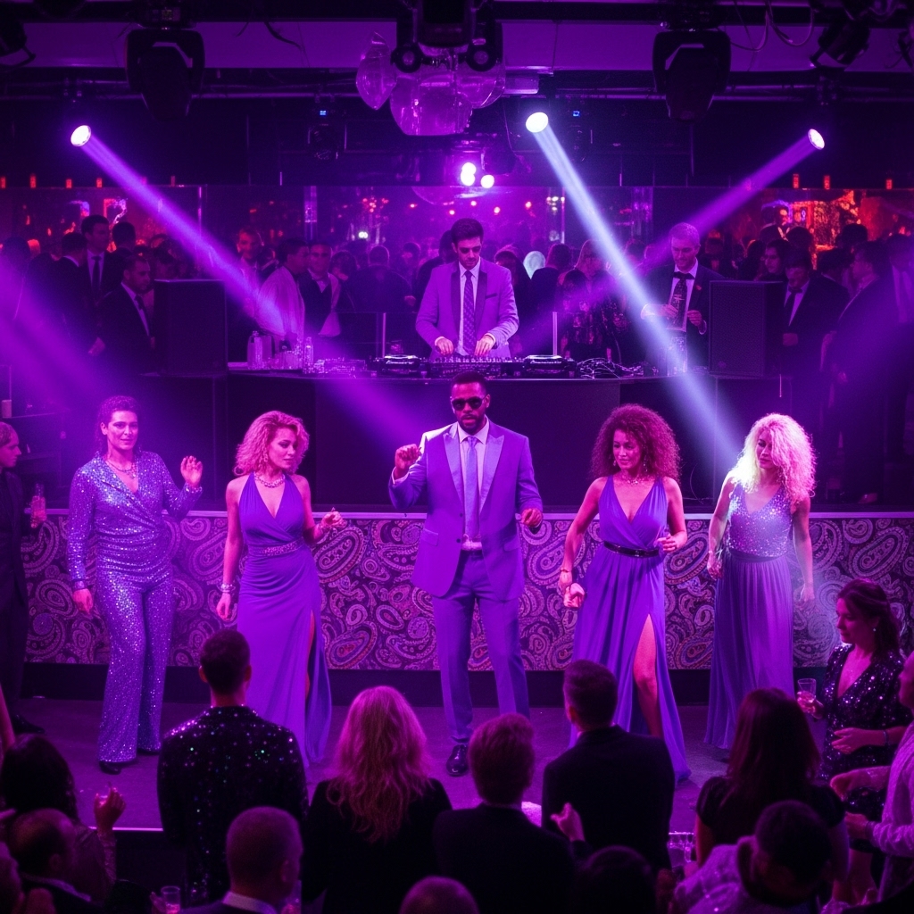 Group of people dancing in purple outfits at a vibrant nightclub with DJ and spotlight during a Prince-inspired party