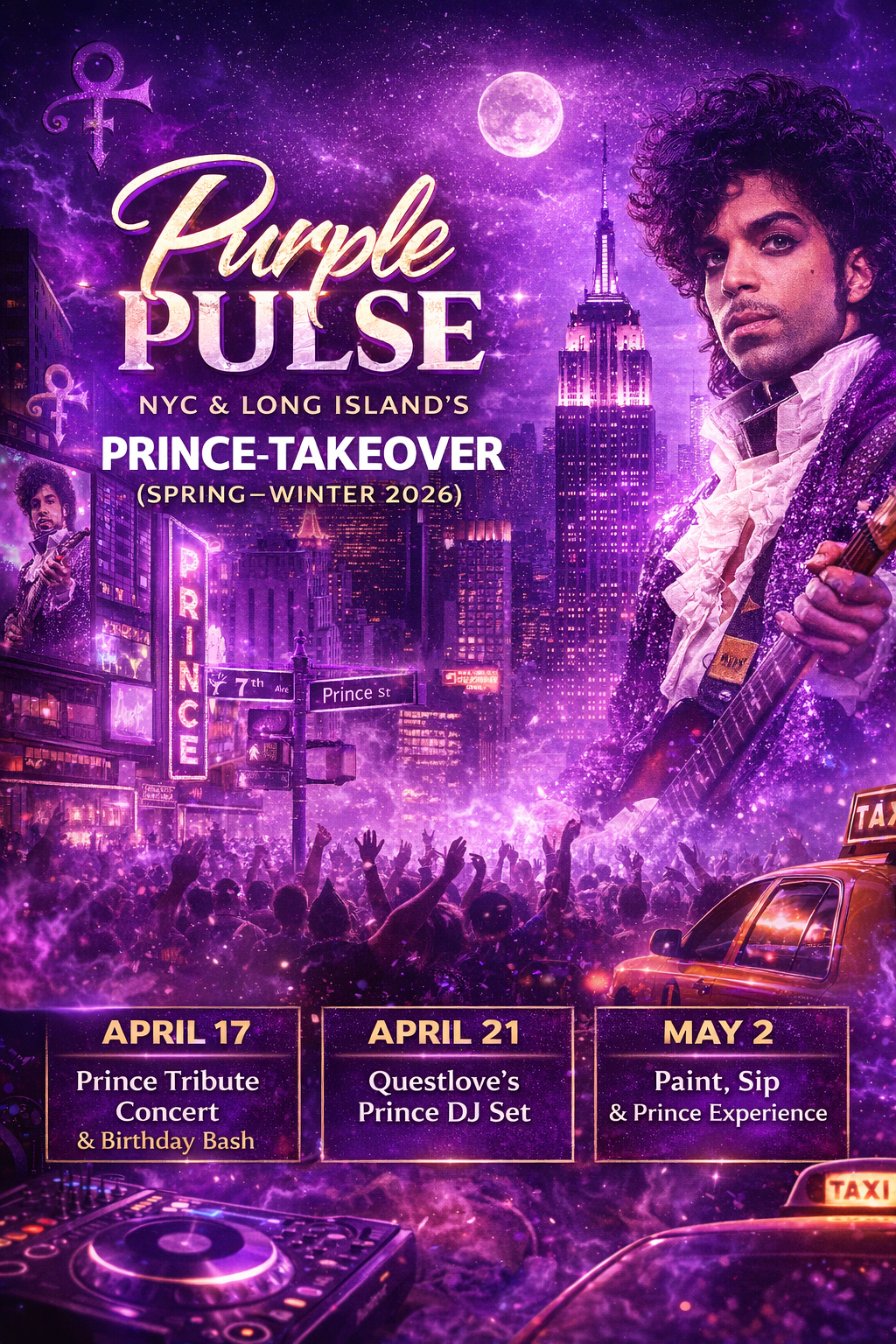 Prince-themed events in NYC and Long Island 2026 featuring tribute concerts, Questlove DJ set, and Paint & Sip Prince experience