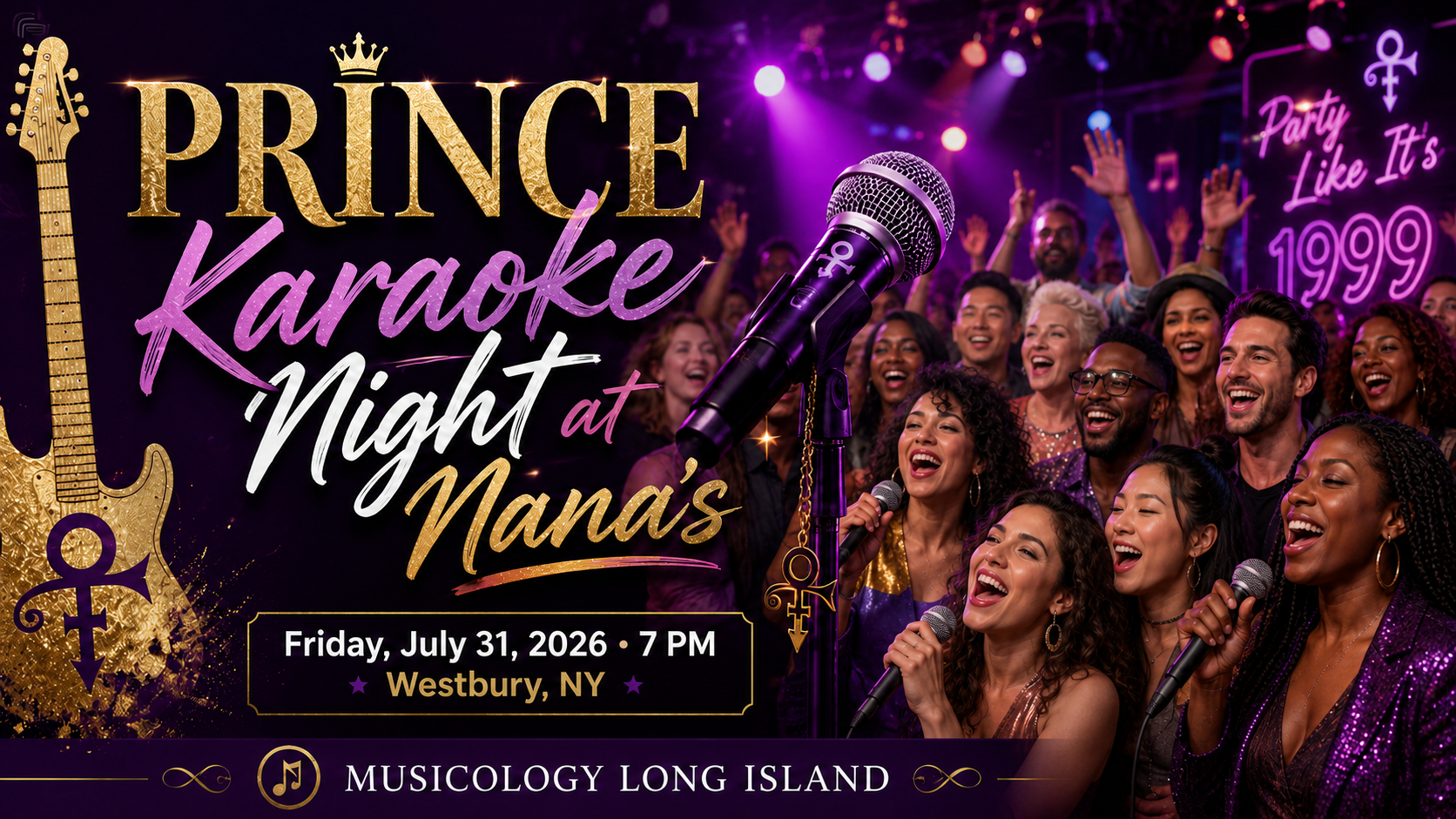 Multicultural group of Prince fans singing at Prince Karaoke Night at Nana’s in Westbury, New York, on July 31, 2026.